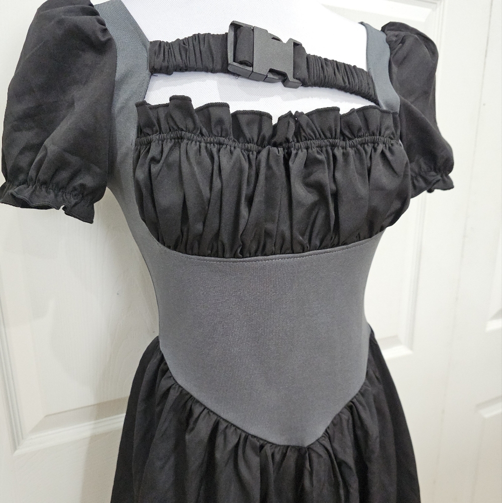 Dolls Kill Zemeta Lock Me Up Asymmetrical Hem Buckle Strap Black Gray Dress S - Picture 8 of 10